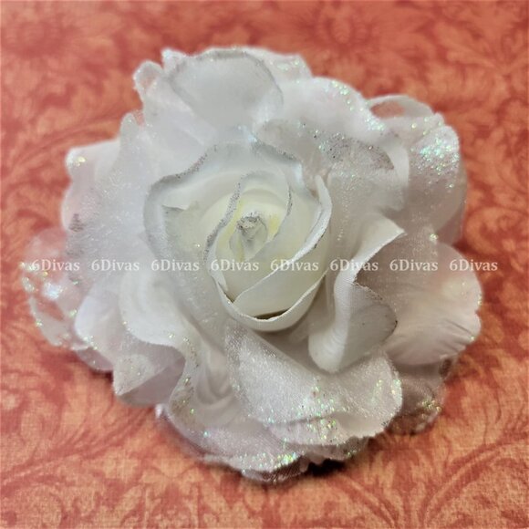 White Rose Hair Accessory Corsage Brooch or Hair Tie - Picture 8 of 14